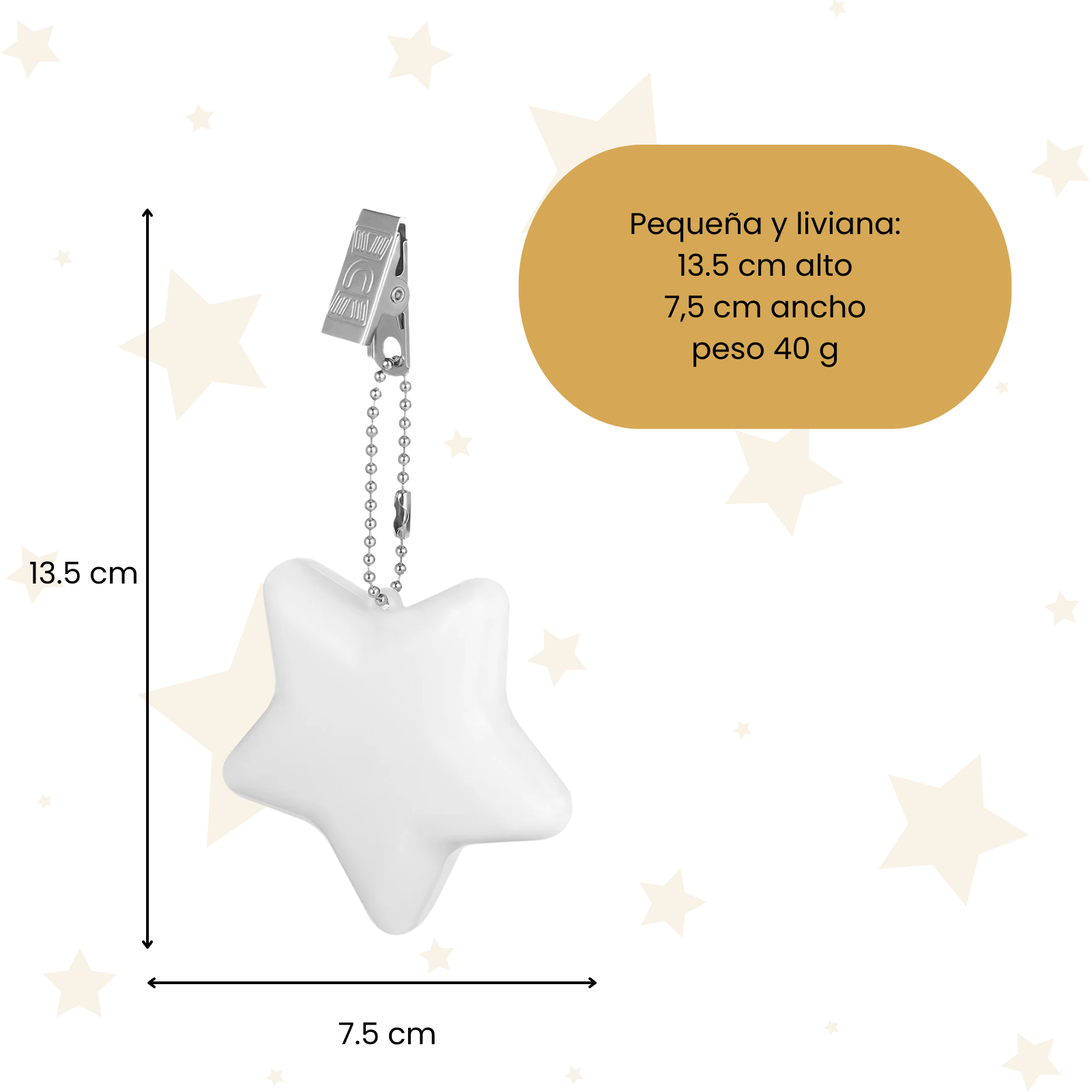 mide 13,5cm por 7,5cm y pesa 40g.